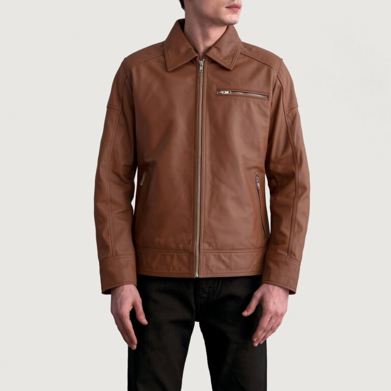 Mens Lavendard Matte Brown Leather Biker Jacket Close Front-5-1724143242776